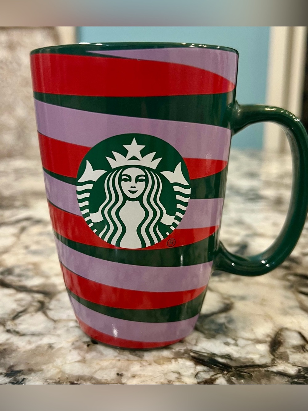 Starbucks Green Handle Mug with Red, Lavender & Dark Green Stripe.  12 oz B5